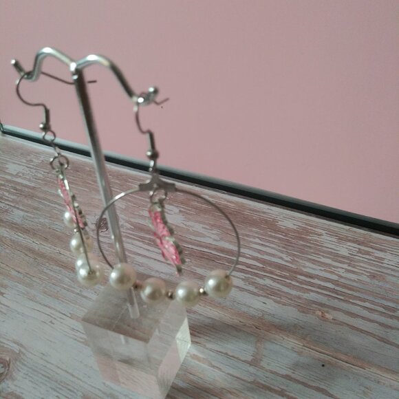 Hypoallergenic Silver Hoop Earrings with Breast Cancer Ribbon/Butterfly - Picture 2 of 5